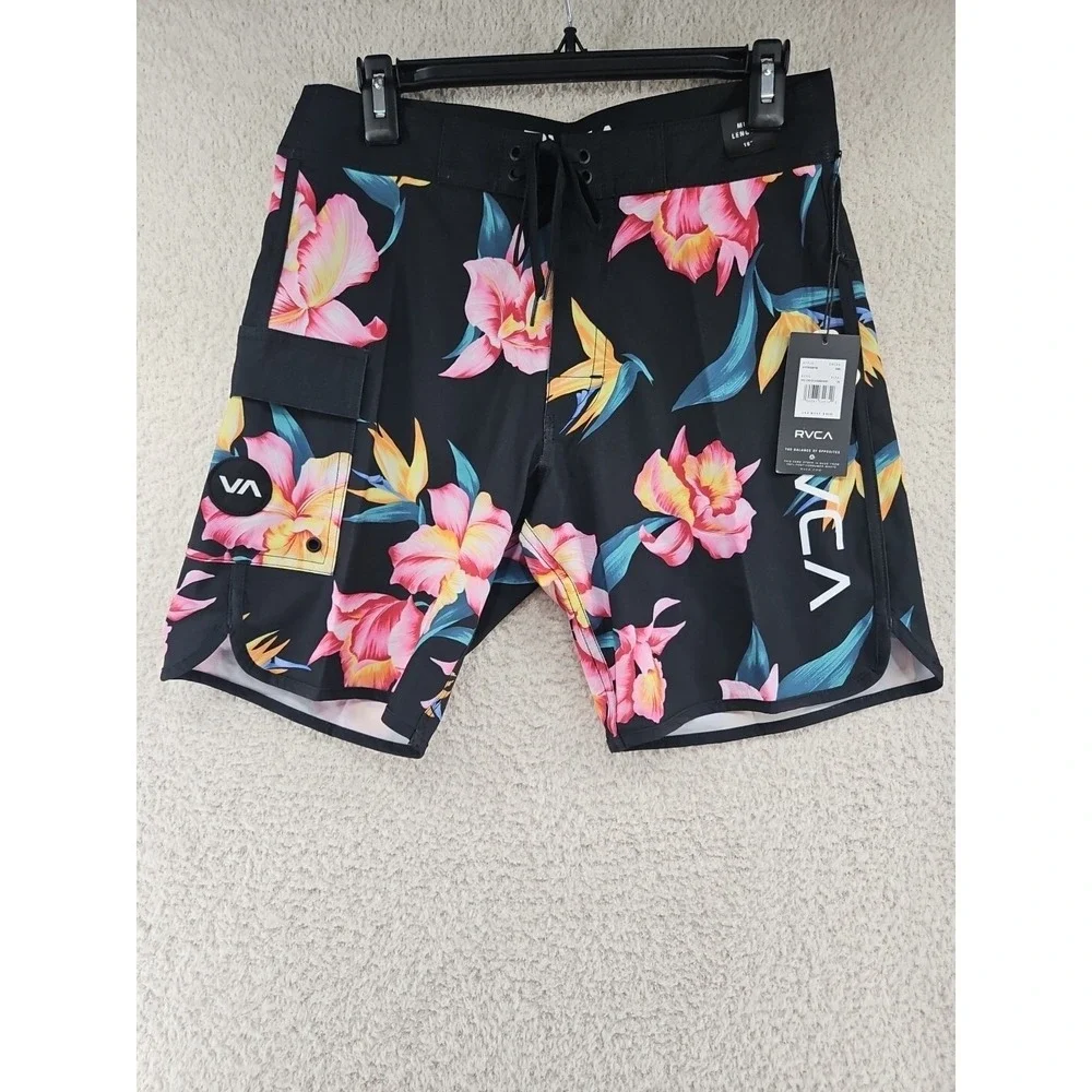 RVCA Surf Board Shorts Mens Size 29 Hawaiian Hibiscus Flowers Black New With Tag
